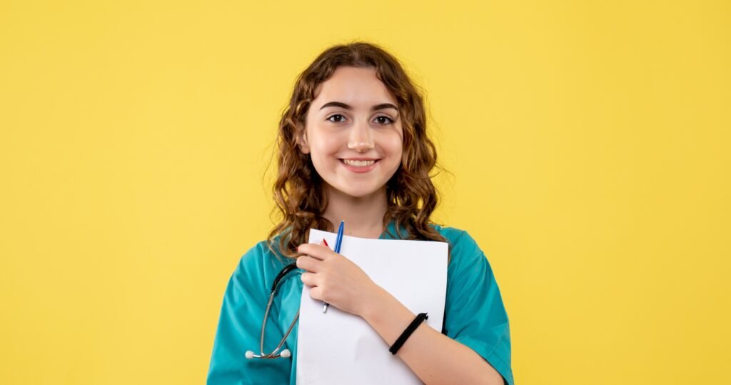 mbbs student in georgia standing infront of a yellow wall and she wearing medical uniform and holding a book and stethescope on her hand