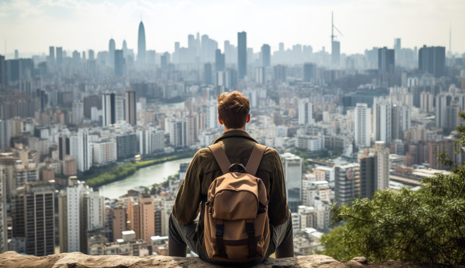 a boy who study in belarus sitting on a top of the rock, and he weraing a bag , looking out of the towers