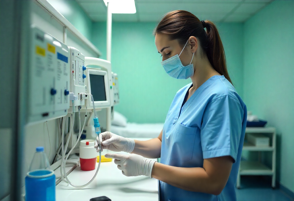 a nurse working on a lab waering blue dress and mask , study nursing in georgia