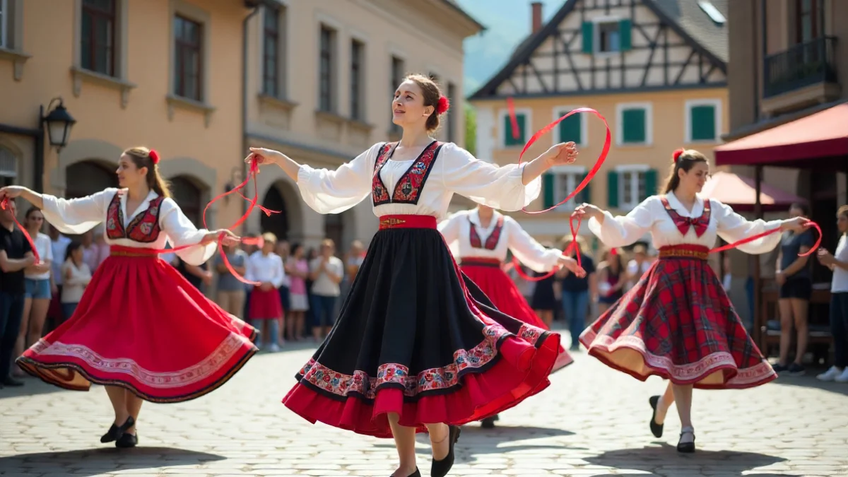 alt="City tour guide showing historic monument to tourists"