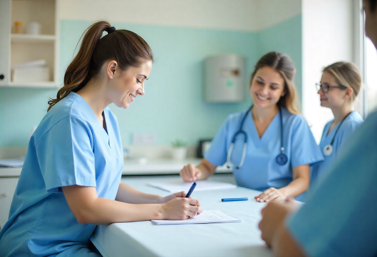 Three nurses are sitting together and discuss , study nursing in germany