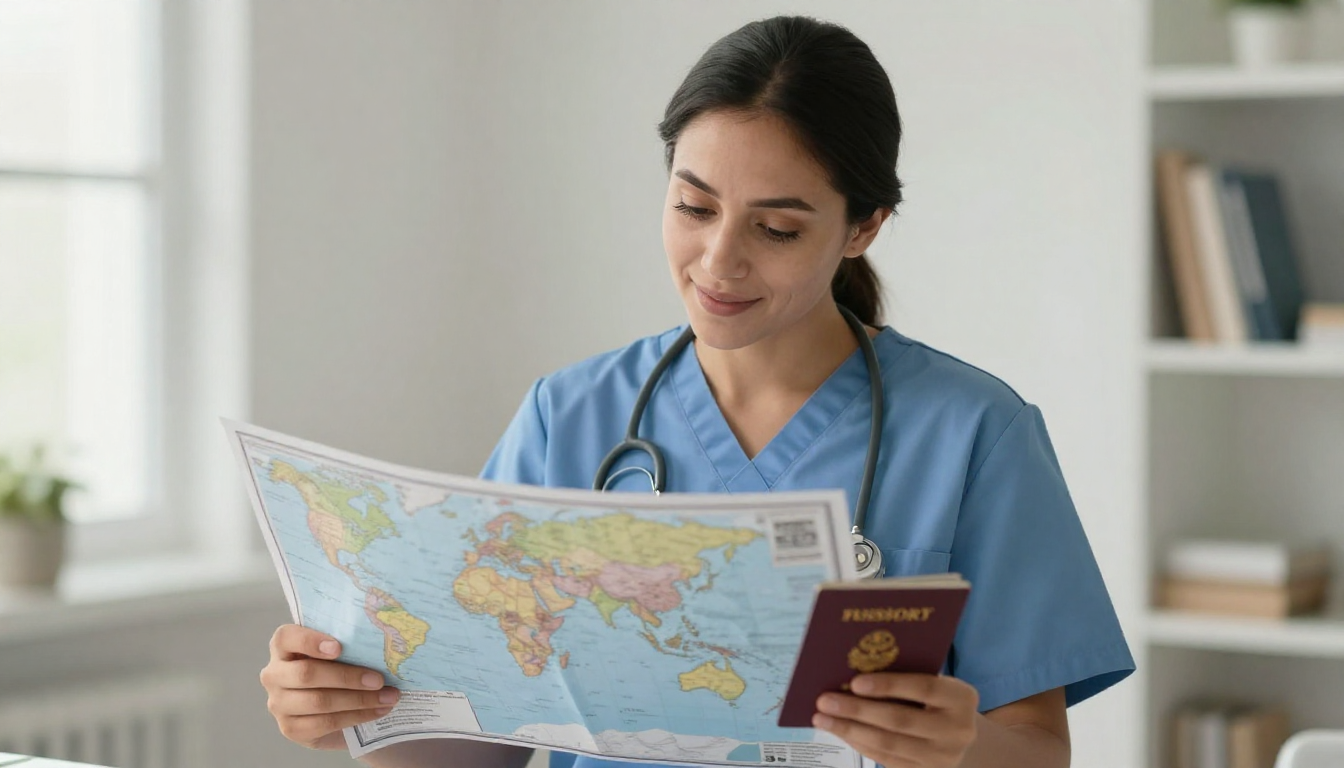 alt="a nursing student who hold a map on her hand study nursing abroad