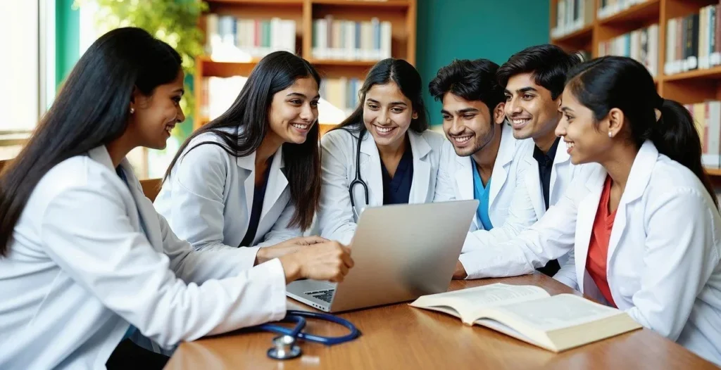 alt="mbbs students in kazakhstan college studing together, sitting in a libraby and they wearing whitecoat and stethescope