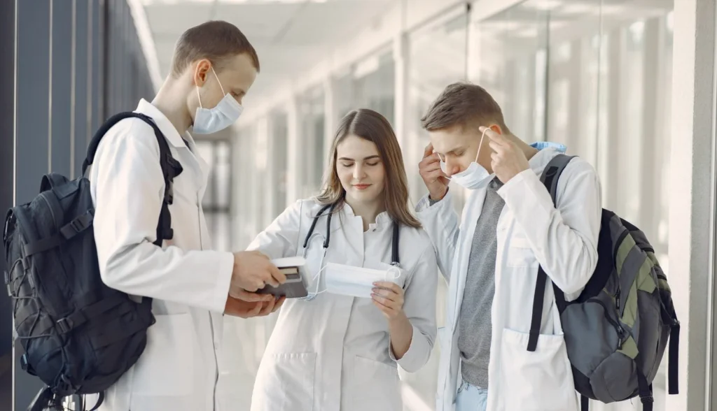 alt="study MBBS in Bulgaria students wearing mask"