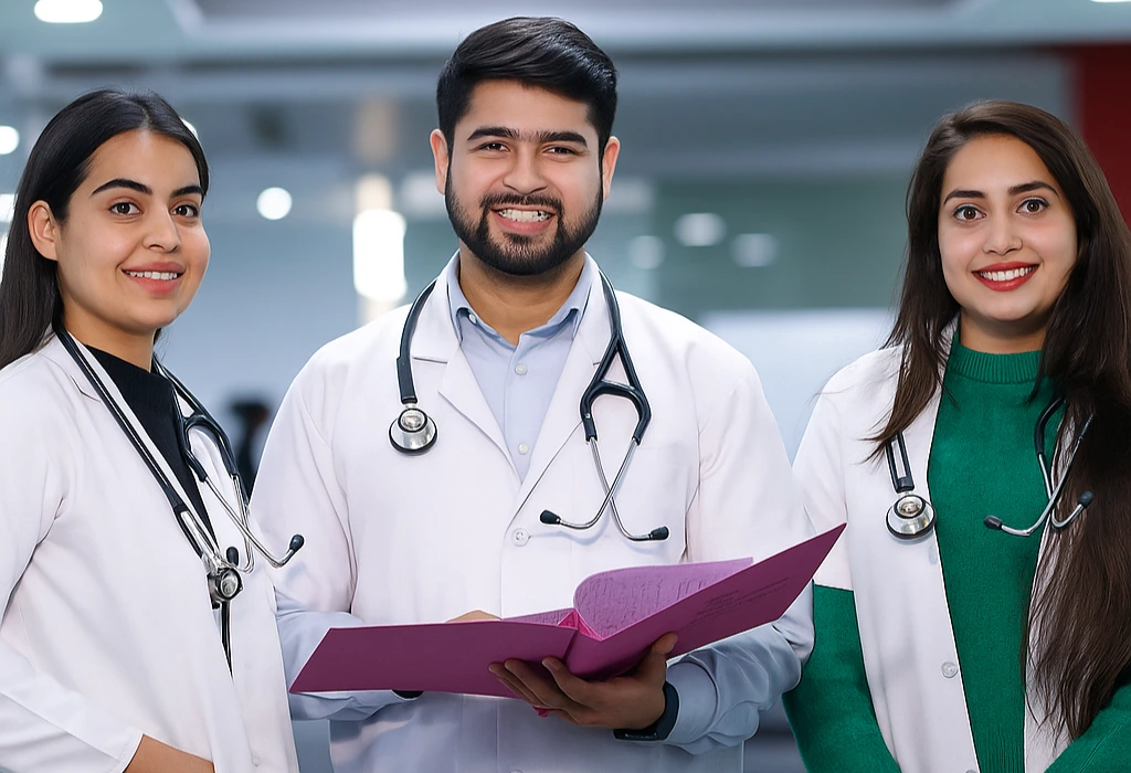 MBBS students who study in abroad , wearing white coats and standing together